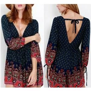 Womens Deep V-Neck Flowy Boho Floral Paisley Mini Dress Size Large